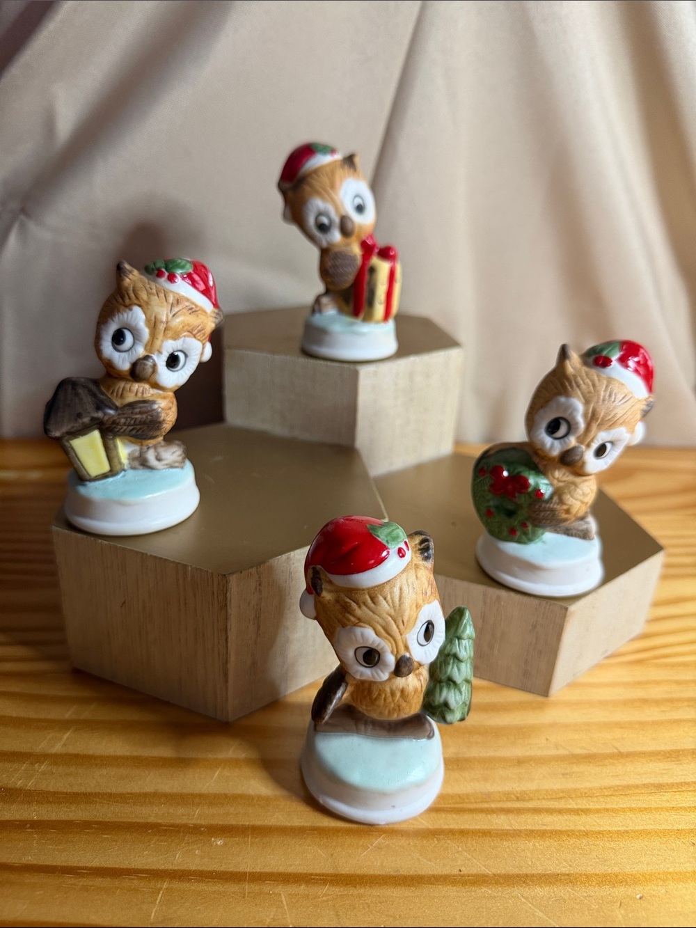 Vintage UCGC Taiwan Ceramic Christmas Owl Figurines - Set of 4 (1980s)
